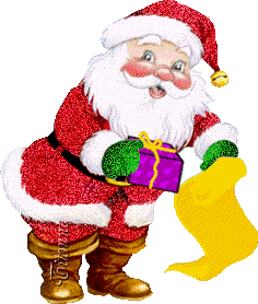 Middelgrote kerstanimatie van een kerstman - De Kerstman houdt een papier en een kerstcadeau in zijn handen