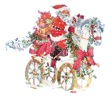 Grote kerstanimatie van een kerstman - De Kerstman zit met zijn zak met kerstcadeaus op een paard met wielen