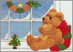 Kleine animatie van een kerstdier - Grote beer zit bij een klein kerstboompje voor het raam