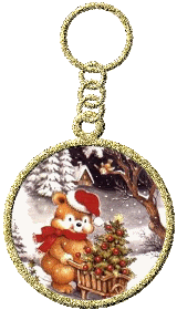 Kleine animatie van een sleutelhanger - Sleutelhanger met een beer met een kruiwagen met daarop een kerstboom
