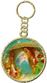 Kleine animatie van een sleutelhanger - Sleutelhanger met Maria met het kindje Jezus in de stal met de wijzen uit het oosten en de herders