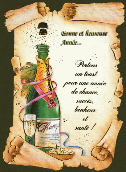 Grote kerstanimatie - Fles en glas champagne met een blad perkament