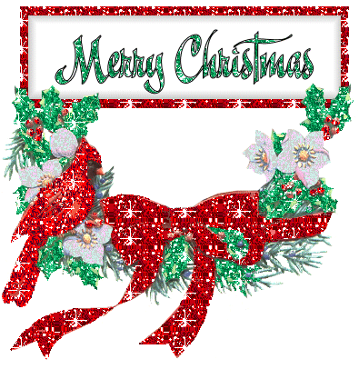 Grote kerst animatie van een kerstwens - Merry Christmas op een bord met een rode strik en rode vogel in glitter