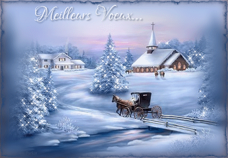 Grote animatie van een kerk - Paardenkoets rijdt door een besneeuwd landschap met kerstbomen, een kerk en een huis