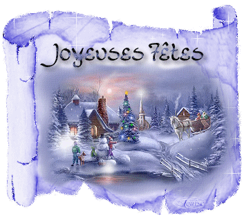 Grote kerst animatie van een kerstwens - Rol perkament met daarop een huis en een kerk in de sneeuw met voor het huis kinderen die een sneeuwpop maken en een kerstboom met gekleurde kerstverlichting en een paardenslee