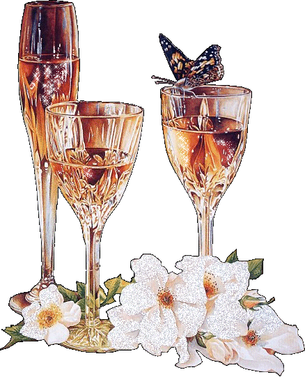 Grote kerstanimatie - Drie glazen champagne met bloemen en een vlinder