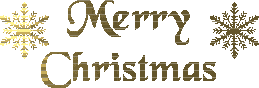 Kleine animatie van een kerstwens - Merry Christmas in goudkleurige letters en met twee sneeuwkristallen