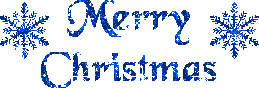 Kleine animatie van een kerstwens - Merry Christmas in blauwe glitter letters met twee sneeuwkristallen