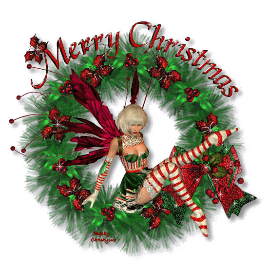 Grote kerstanimatie van een kerstengel - Merry Christmas met een engeltje in een kerstkrans met rode strikken en sterretjes