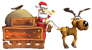 Kleine animatie van een rendier - De Kerstman op zijn slee met de grote zak met kerstcadeaus die getrokken wordt door het rendier