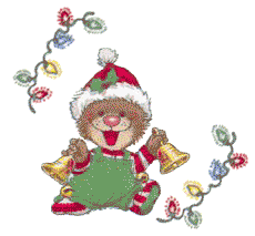 Kleine animatie van een kerstdier - Beertje met twee kerstbellen en twee snoeren met gekleurde kerstverlichting