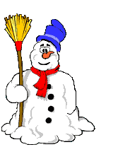 Kleine animatie van een sneeuwpop - Sneeuwpop met rode sjaal en een bezem in de arm neemt zijn blauwe hoed af