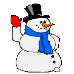 Kleine animatie van een sneeuwpop - Sneeuwpop met blauwe sjaal en zwarte hoed steekt zijn hand met rode want op