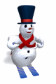 Mini animatie van een sneeuwpop - Sneeuwpop met rode sjaal en zwarte hoed staat op de ski's