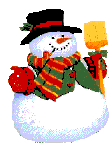 Mini animatie van een sneeuwpop - Sneeuwpop met zwarte hoed en rode handschoenen staat in de sneeuw
