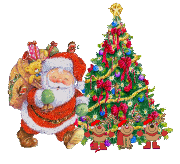 Grote kerstanimatie van een kerstboom - Glitter Kerstman met een zak cadeaus bij een rijk versierde kerstboom met drie rendieren ervoor