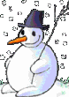 Mini animatie van een sneeuwpop - Sneeuwman met zwarte hoed zittend in de sneeuw