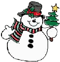 Mini animatie van een sneeuwpop - Sneeuwpop met zwarte hoed heeft een kerstboom met gele ster in de hand