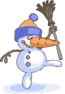 Mini animatie van een sneeuwpop - Sneeuwpop met veel te grote wortel als neus met een grote bezem