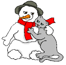 Middelgrote animatie van een sneeuwpop - Sneeuwpop met rode sjaal en zwarte hoed omarmt een kat