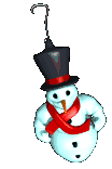 Mini animatie van een sneeuwpop - Sneeuwpop met rode sjaal en zwarte hoed hangt aan een haak