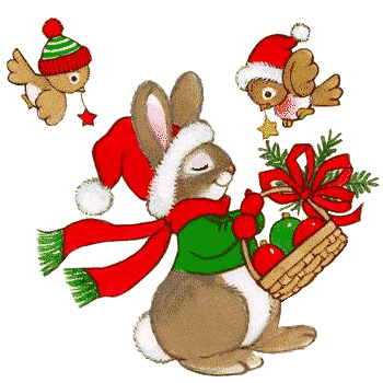 Grote kerstanimatie van een kerstdier - Paashaas met kerstmuts en rode sjaal heeft een mand met kersteieren bij zich