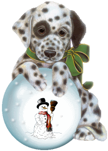 Middelgrote animatie van een sneeuwpop - Puppy houdt een kerstglobe vast met daarin een Sneeuwpop met hoed en rode sjaal die een bezem vasthoudt
