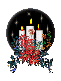 Middelgrote kerstmis animatie van een kerstkaars - Drie brandende witte kaarsen in een zwarte globe met witte sterren