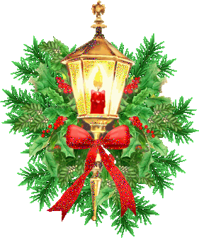 Middelgrote animatie van kerstverlichting - Lantaarnpaal een rode strik met daarin een brandende rode kaars temidden van het kerstgroen