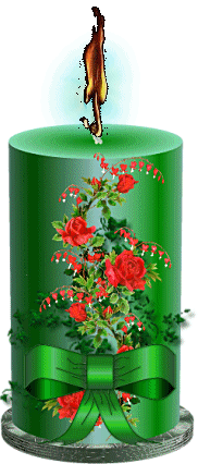 Middelgrote kerstmis animatie van een kerstkaars - Brandende groene kaars met rode rozen, gebroken hartjes en een groene strik