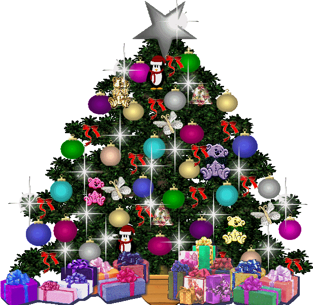 Grote kerstanimatie van een kerstboom - Kerstboom met oplichtende witte sterren, kerstballen en kerstcadeaus onder de boom