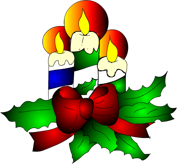 Grote kerstanimatie van een kerstkaars - Drie brandende kaarsen, een blauwe en twee groene met hulstbladeren en een rode strik