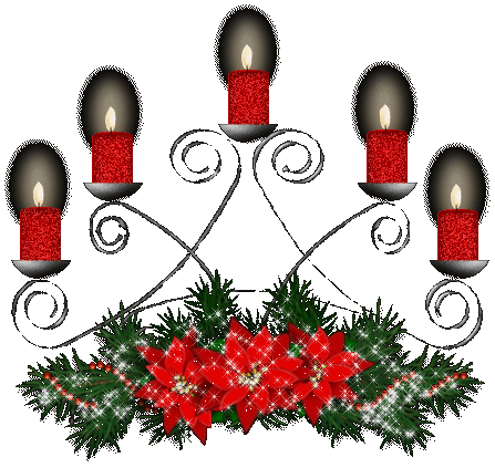 Grote kerstanimatie van een kerstkaars - Vijf brandende rode kaarsen op een kandelaar met kerstgroen en drie rode kerststerren met witte sterretjes