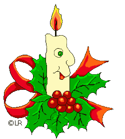 Middelgrote kerstmis animatie van een kerstkaars - Brandende en pratende beige kaars met een rode strik en hulstbladeren en rode bessen