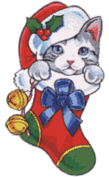 Kleine animatie van een kerstsok - Katje met kerstmuts in een rode kerstsok met een blauwe strik
