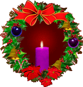 Middelgrote kerstanimatie van een kerstkrans - Kerstkrans met brandende paarse kaars, een rode strik, twee blauwe kerstballen, drie rode kerststerren en twee kerstklokken