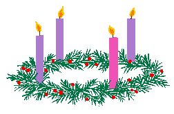 Kleine kerstanimatie van een kerstkaars - Kerstkrans met drie brandende paarse kaarsen en een roze