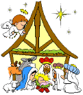 Mini animatie van een kerststal - Kerststal met Maria en het kindeke Jezus en de wijzen uit het oosten met erboven een engeltje