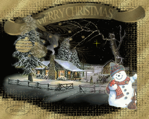 Grote kerstanimatie van een kersthuis - Merry Christmas met een huis in sneeuwlandschap en een sneeuwpop op de voorgrond