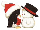 Mini animatie van een sneeuwpop - Een pinguïn met een kerstmuts geeft een zoen aan een sneeuwpop met een zwarte hoed