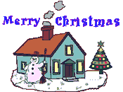 Kleine animatie van een kerstwens - Merry Christmas met een huis, een sneeuwpop en een kerstboom