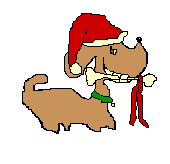 Kleine animatie van een kerstdier - Hond met een kerstmuts op zijn kop en een rode neus heeft een bot in zijn bek
