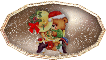 Middelgrote animatie van een kerstdier - Beer met tuba en twee pinguïns met kerstmutsen op terwijl het sneeuwt