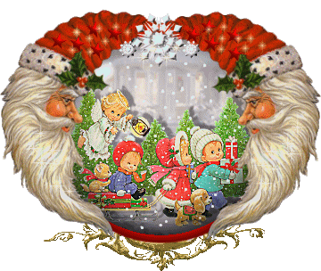 Grote kerstanimatie van een kerstkind - Sneeuwglobe omgeven door twee kerstmannen met daarin spelende kinderen en een engeltje