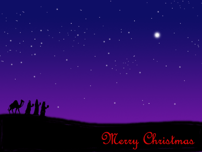 Grote animatie van een kerststal - Merry Christmas, de drie wijzen uit het oosten volgen de ster naar Bethlehem