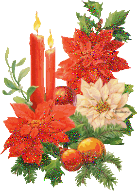 Grote kerstanimatie - Twee rode brandende kaarsen met kerstbloemen