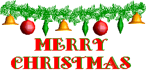 Kleine animatie van een kerstwens - Merry Christmas met een lint van kerstgroen waar kerstklokken en kerstballen hangen