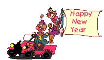 Kleine animatie van een kerstwens - Auto met twee clowns die een vlag vasthouden met de tekst Happy New Year