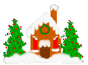 Mini kerstanimatie van een kersthuis - Besneeuwd huis met twee kerstbomen