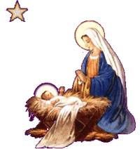 Kleine animatie van een kerststal - Maria bij het kindeke Jezus in de kribbe onder de ster van Bethlehem